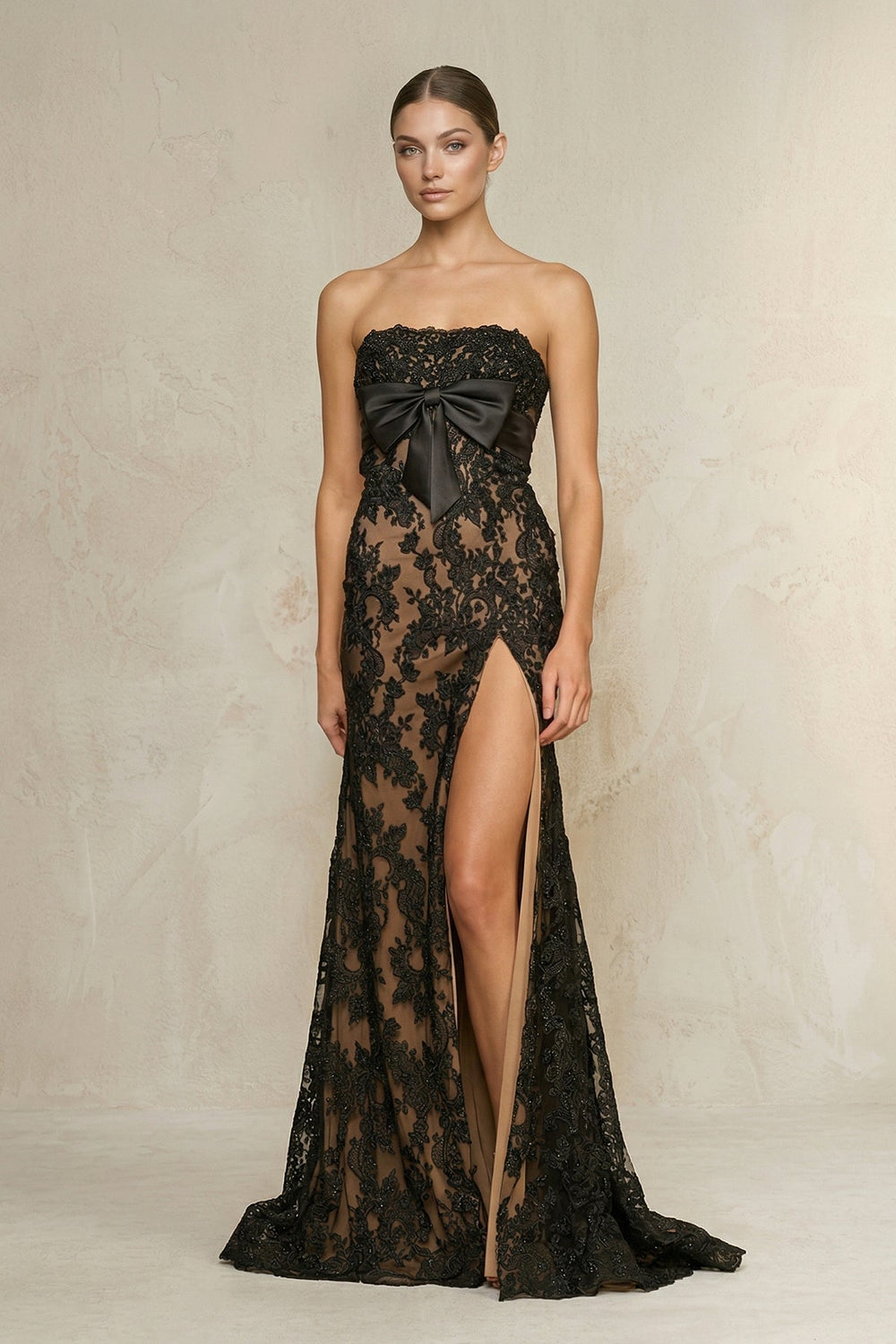 Strapless Sheath Lace Maxi Dress With Slit in Black