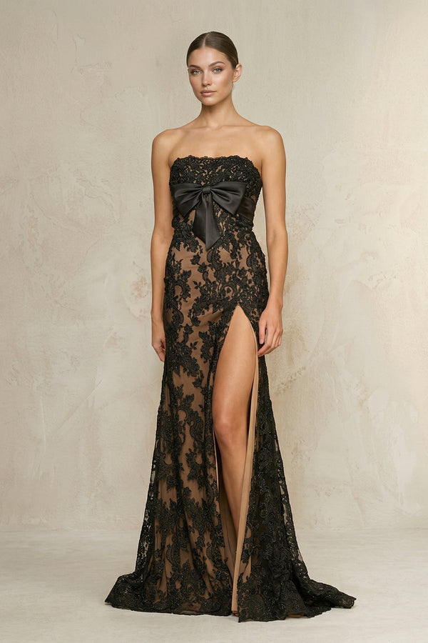 Strapless Sheath Lace Wedding Dress With Slit in Black - KISS BRIDAL Wedding Dresses
