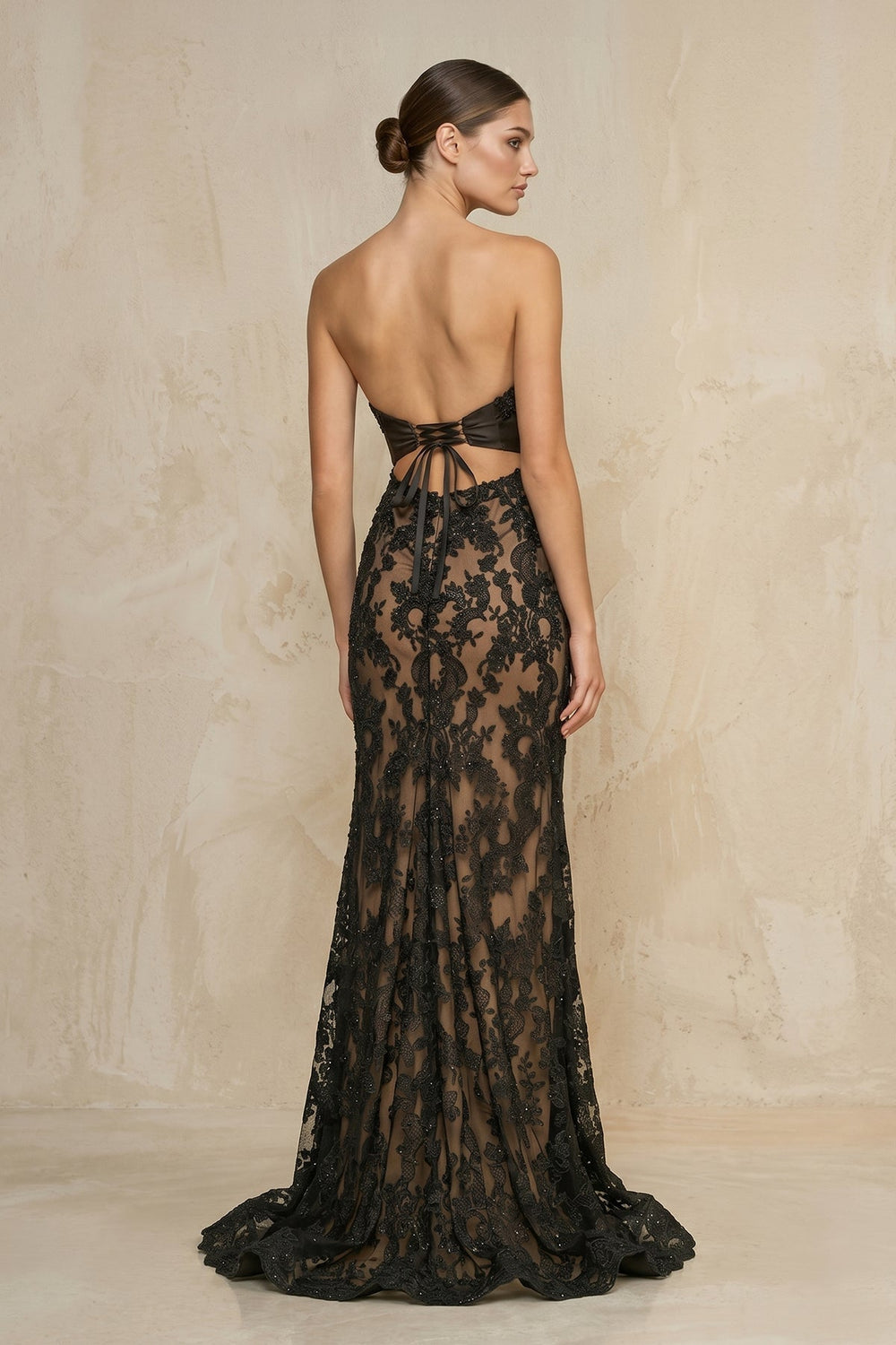 Strapless Sheath Lace Maxi Dress With Slit in Black