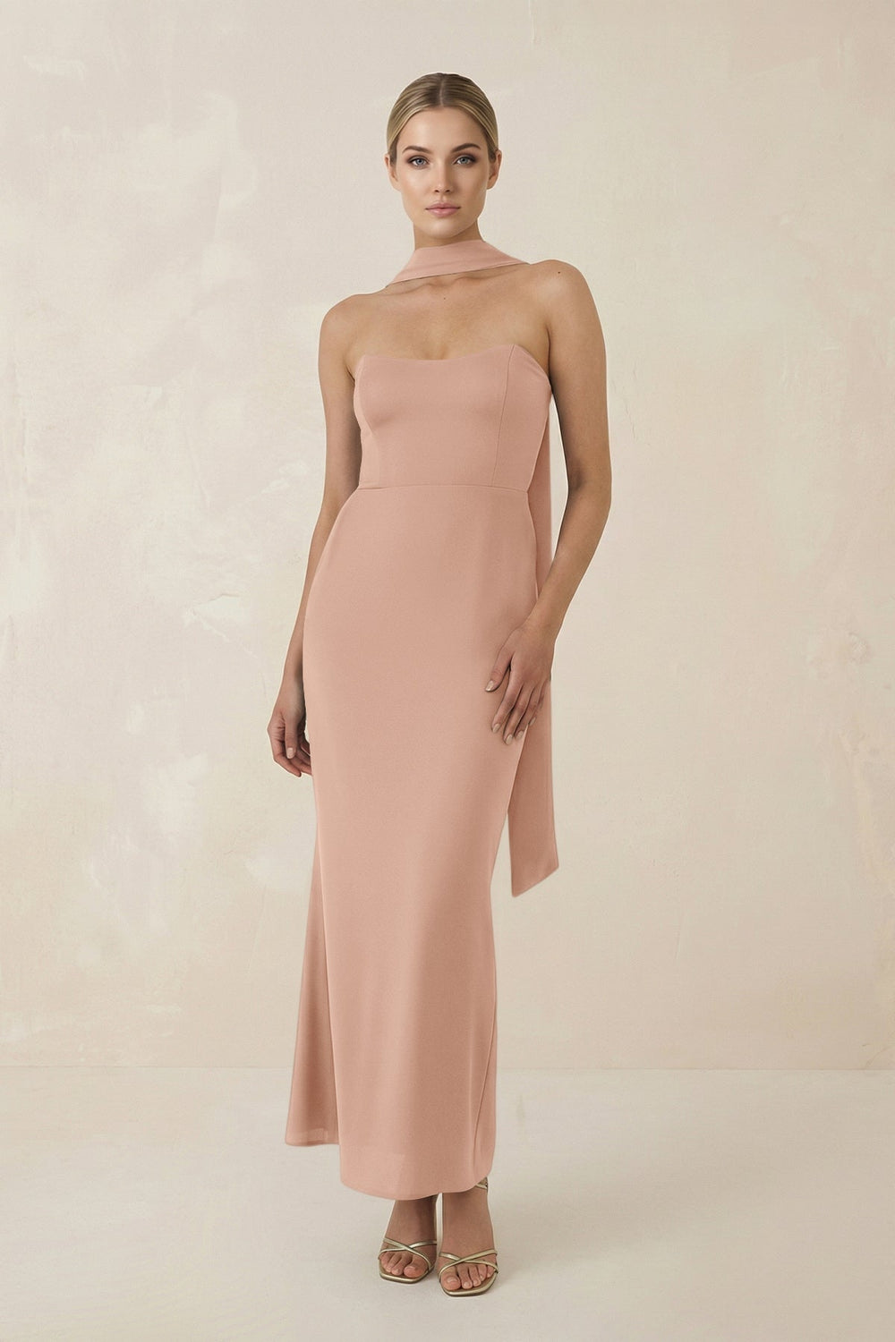 Strapless Sheath Midi Bridesmaid Dress With Ribbon in Champagne Rose