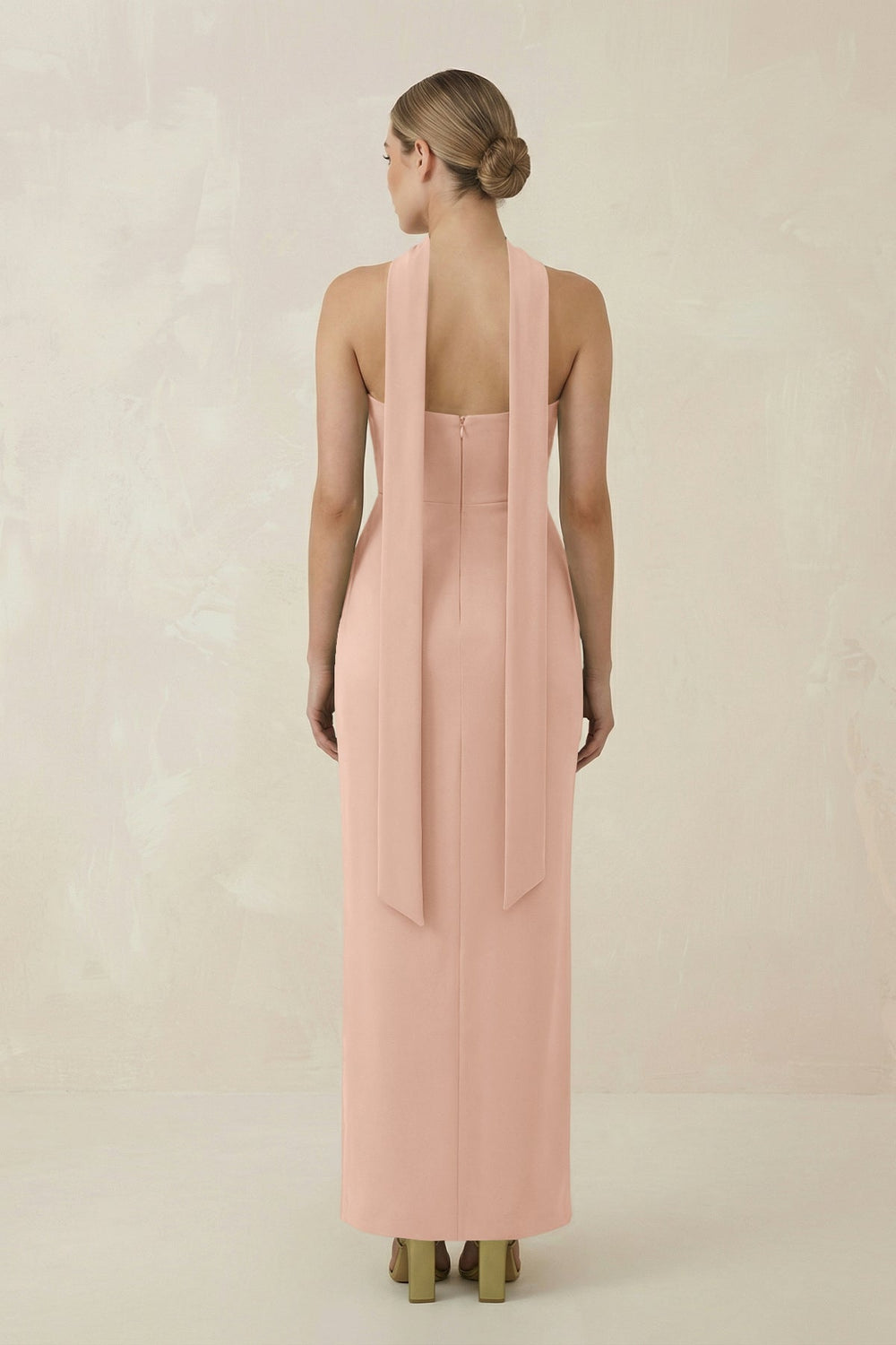 Strapless Sheath Midi Bridesmaid Dress With Ribbon in Champagne Rose