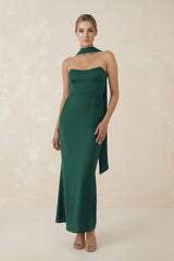 Strapless Sheath Midi Bridesmaid Dress With Ribbon in Dark Green - KISS BRIDAL Bridesmaid Dresses