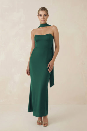 Strapless Sheath Midi Bridesmaid Dress With Ribbon in Dark Green - KISS BRIDAL Bridesmaid Dresses