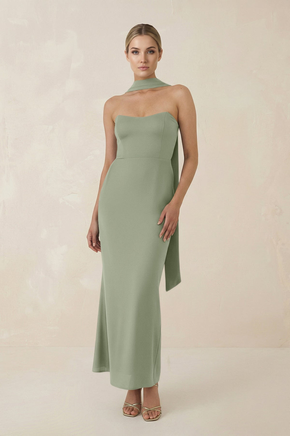 Strapless Sheath Midi Bridesmaid Dress With Ribbon in Dove Gray