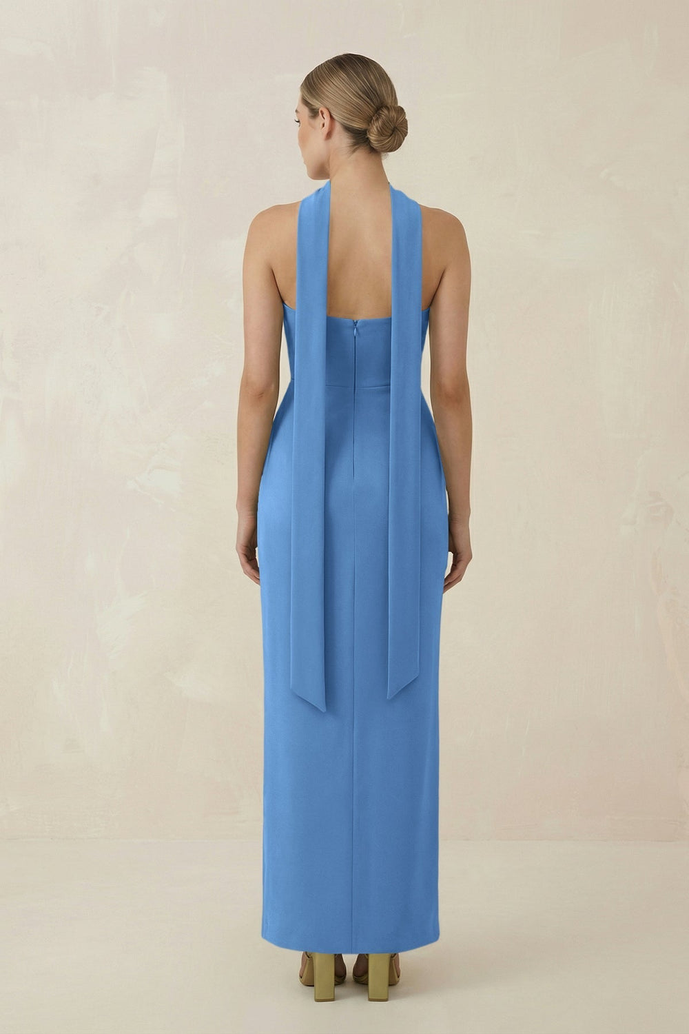 Strapless Sheath Midi Bridesmaid Dress With Ribbon in Dusty Blue
