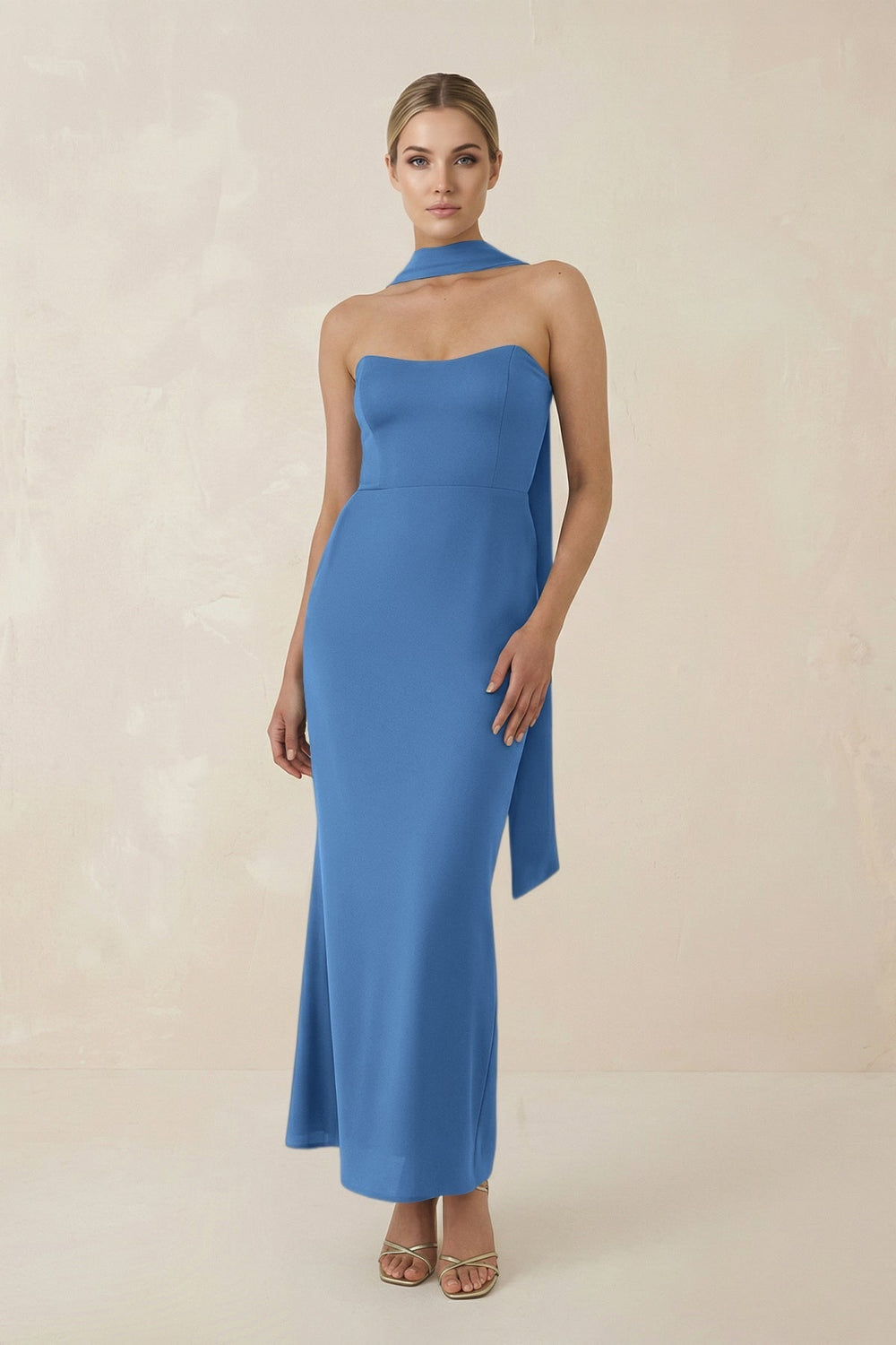 Strapless Sheath Midi Bridesmaid Dress With Ribbon in Dusty Blue