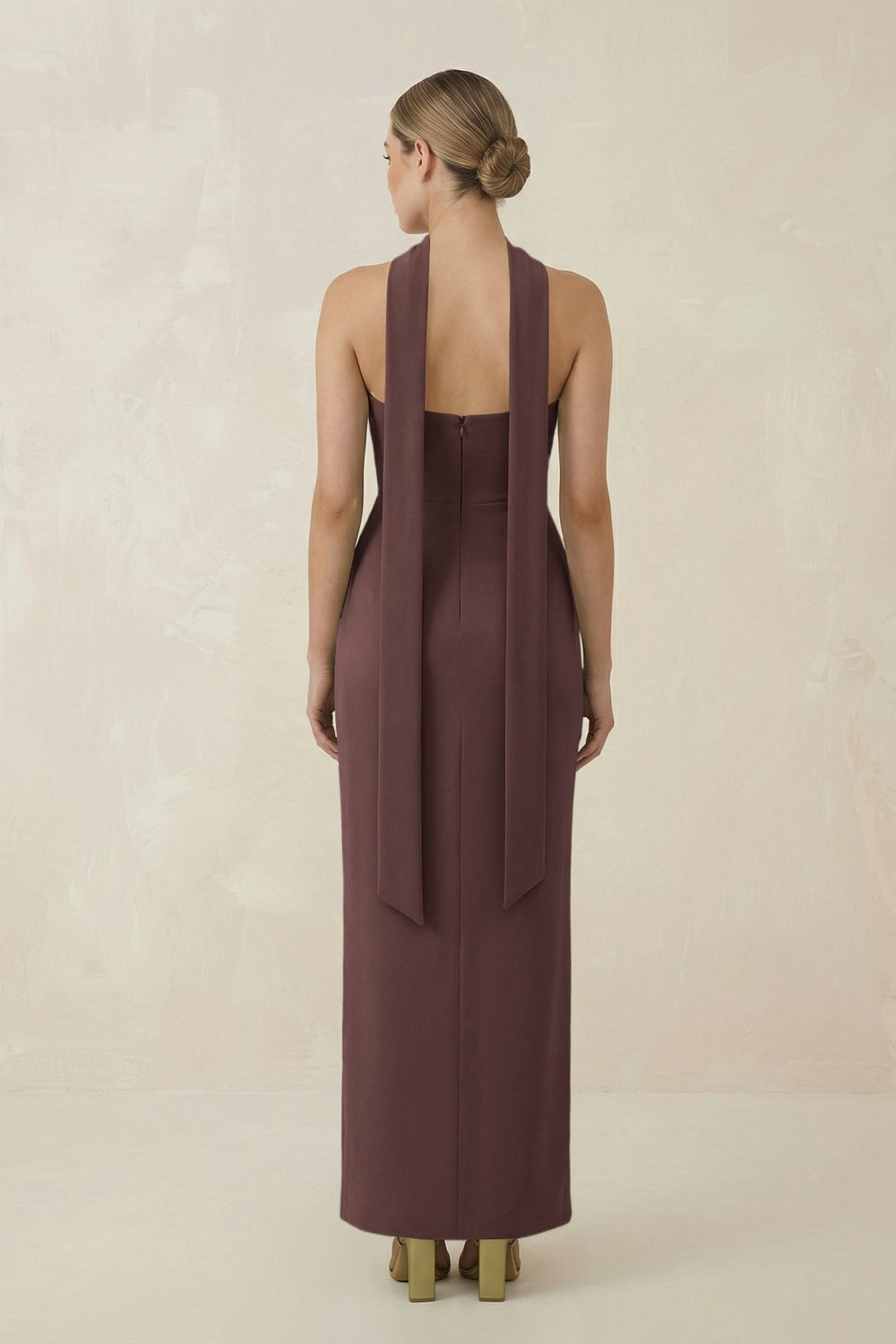Strapless Sheath Midi Bridesmaid Dress With Ribbon in Espresso