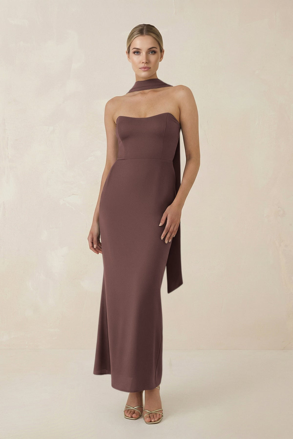 Strapless Sheath Midi Bridesmaid Dress With Ribbon in Espresso