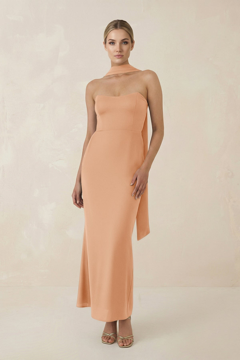 Strapless Sheath Midi Bridesmaid Dress With Ribbon in Golden Champagne