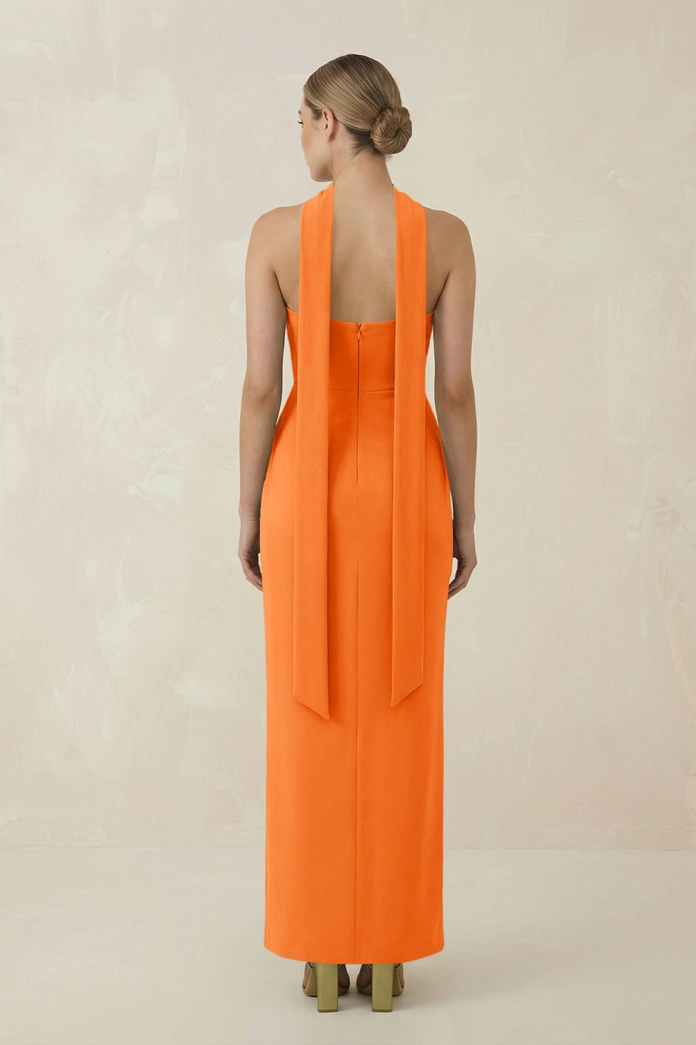 Strapless Sheath Midi Bridesmaid Dress With Ribbon in Orange