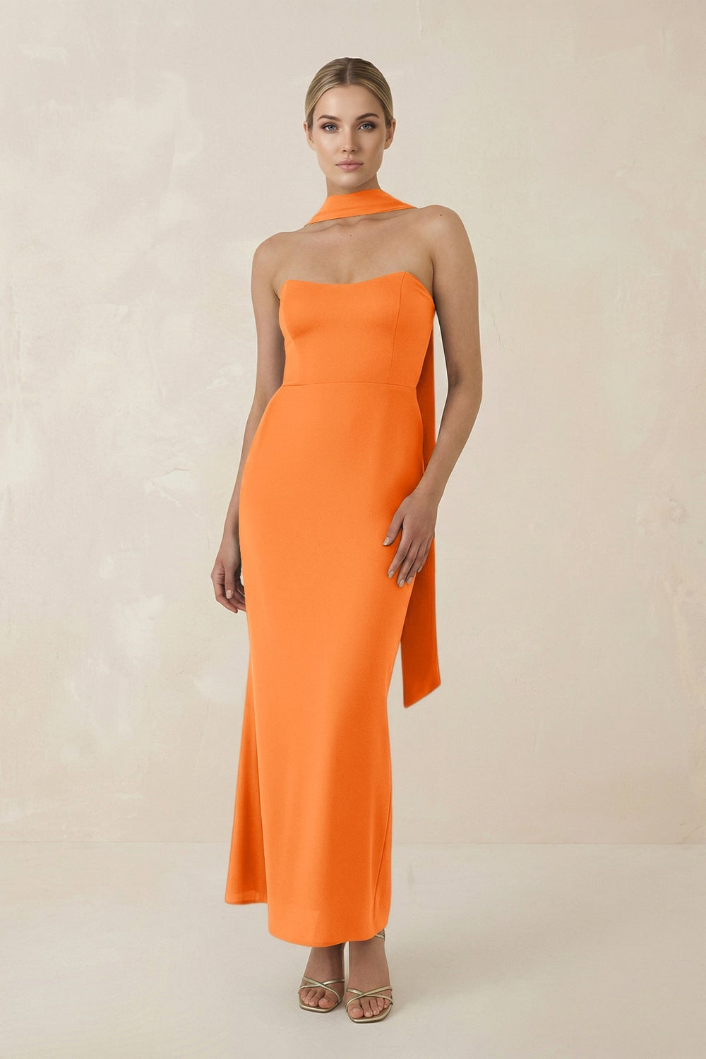 Strapless Sheath Midi Bridesmaid Dress With Ribbon in Orange