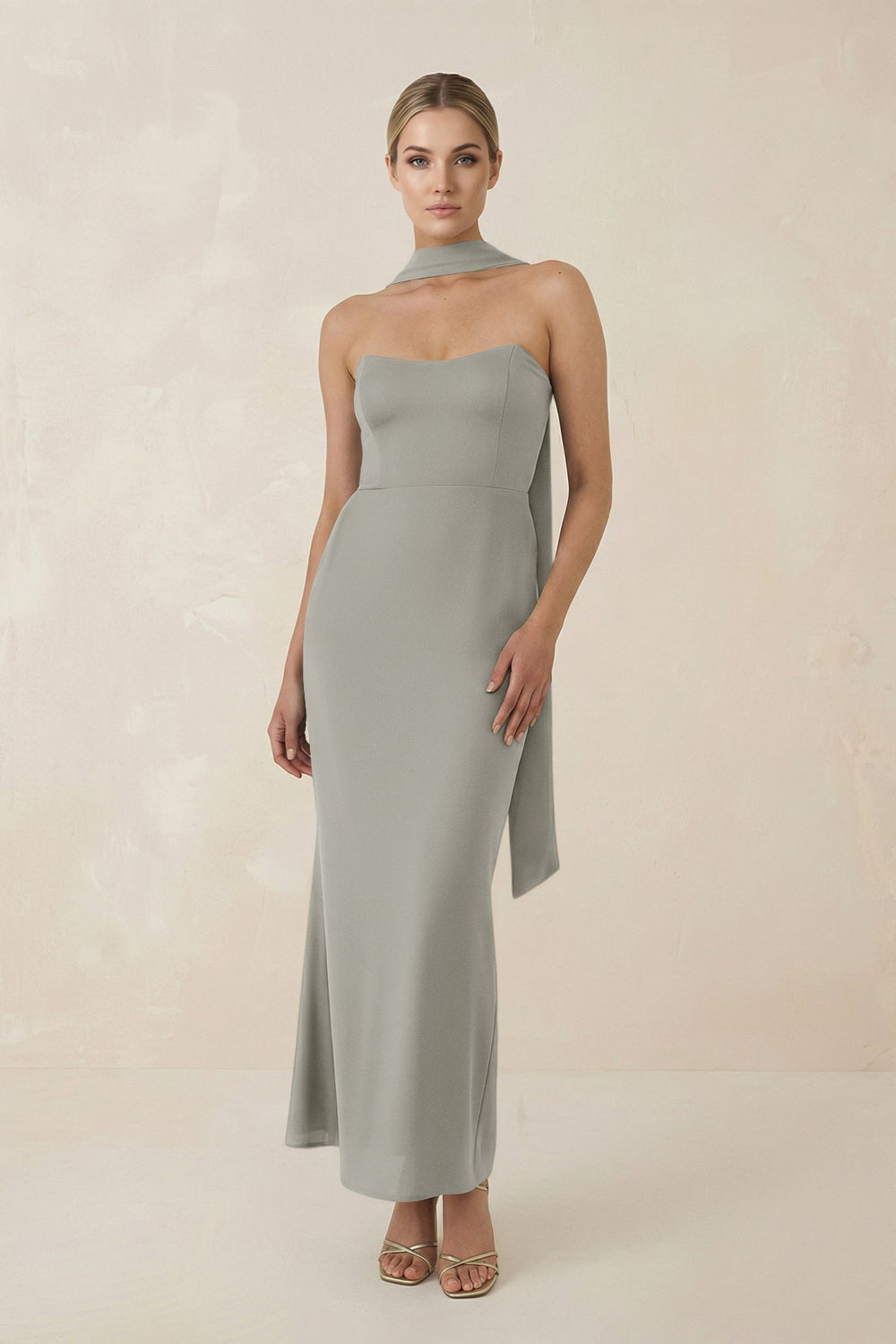 Strapless Sheath Midi Bridesmaid Dress With Ribbon in Silver