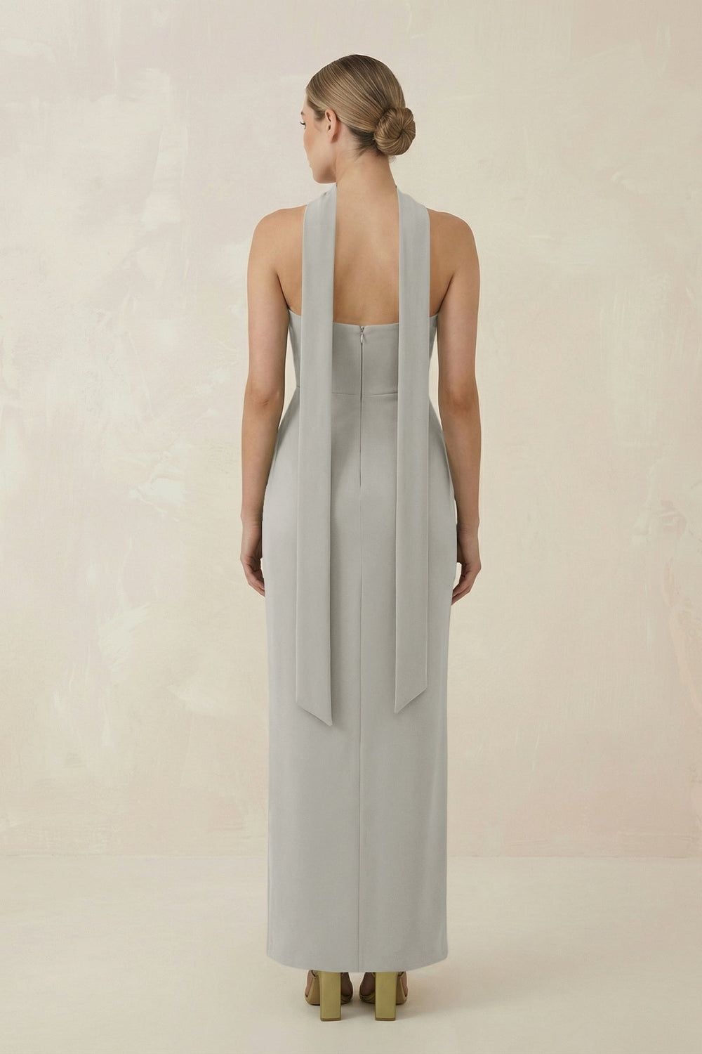 Strapless Sheath Midi Bridesmaid Dress With Ribbon in Silver