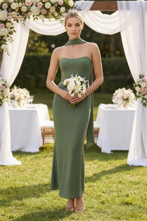 Strapless Sheath Midi Bridesmaid Dress With Ribbon in Thyme - KISS BRIDAL Bridesmaid Dresses