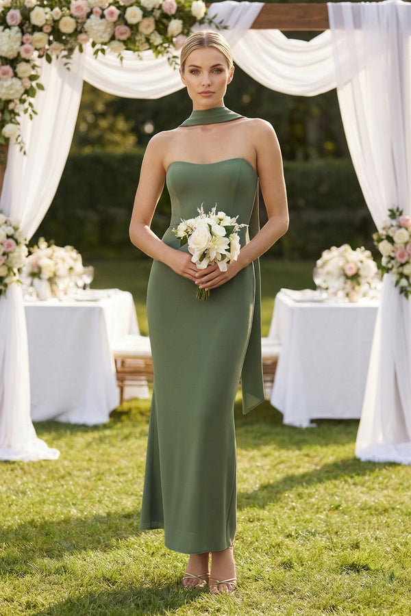 Strapless Sheath Midi Bridesmaid Dress With Ribbon in Thyme - KISS BRIDAL Bridesmaid Dresses