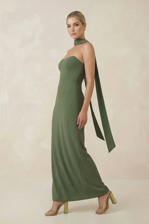 Strapless Sheath Midi Bridesmaid Dress With Ribbon in Thyme - KISS BRIDAL Bridesmaid Dresses