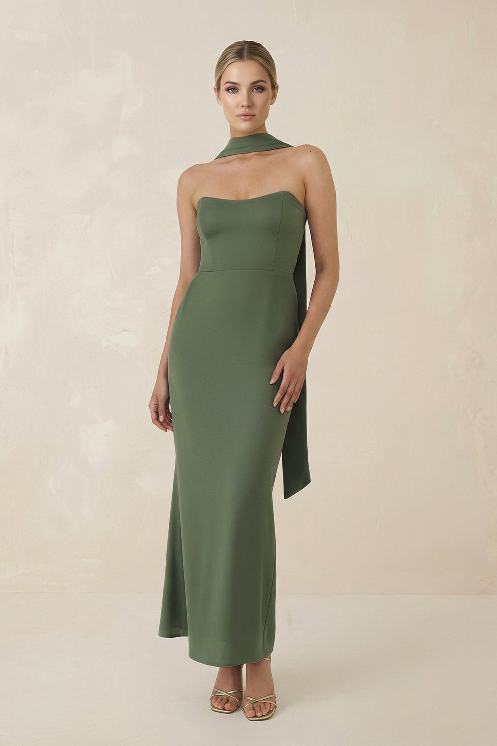 Strapless Sheath Midi Bridesmaid Dress With Ribbon in Thyme