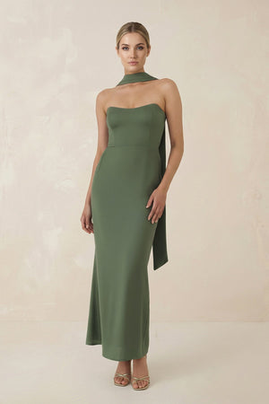 Strapless Sheath Midi Bridesmaid Dress With Ribbon in Thyme - KISS BRIDAL Bridesmaid Dresses