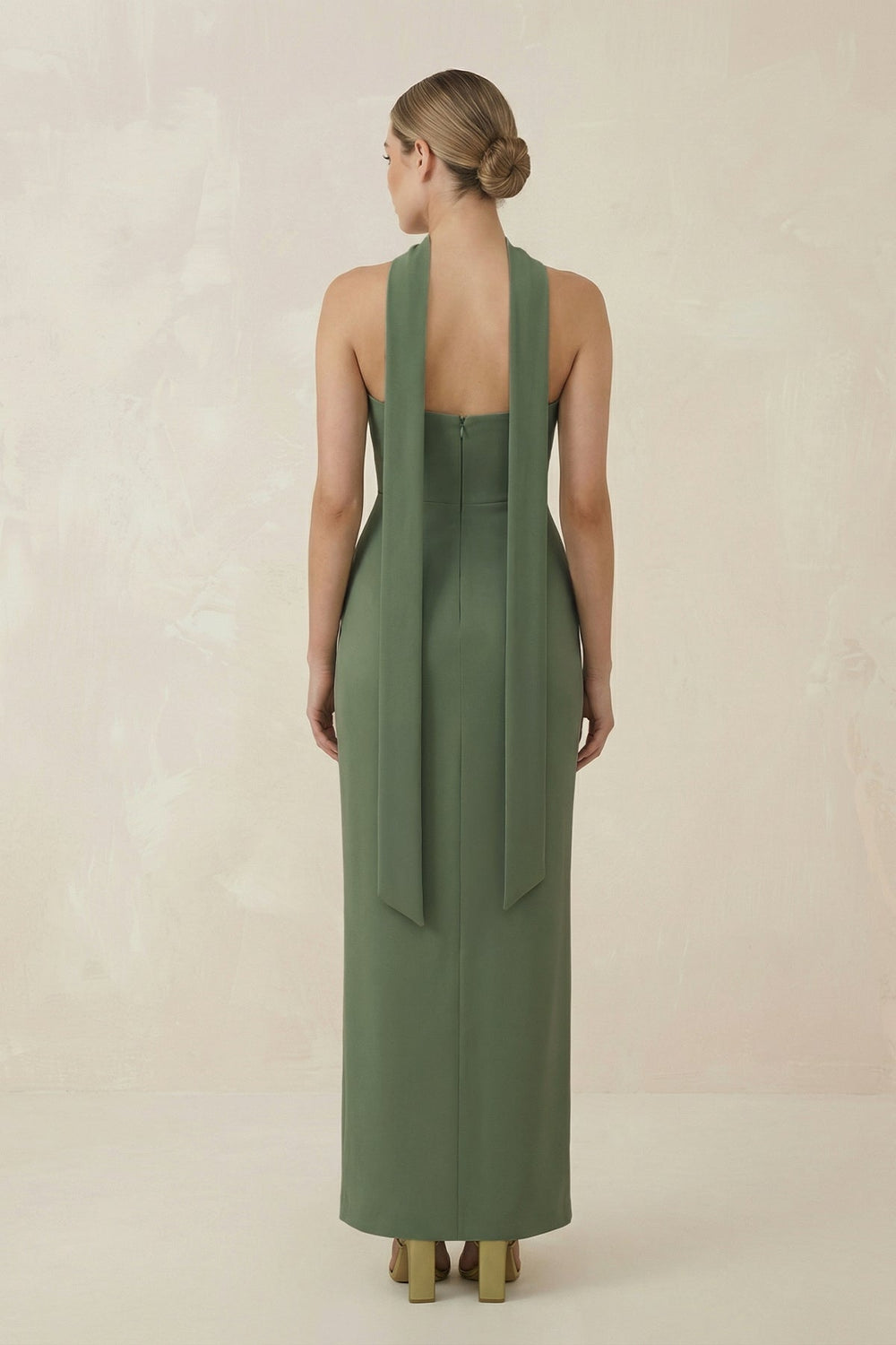 Strapless Sheath Midi Bridesmaid Dress With Ribbon in Thyme