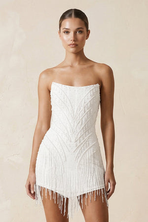 Strapless Sheath Mini Wedding Dress with Tassel in White - KISS BRIDAL Wedding Dresses