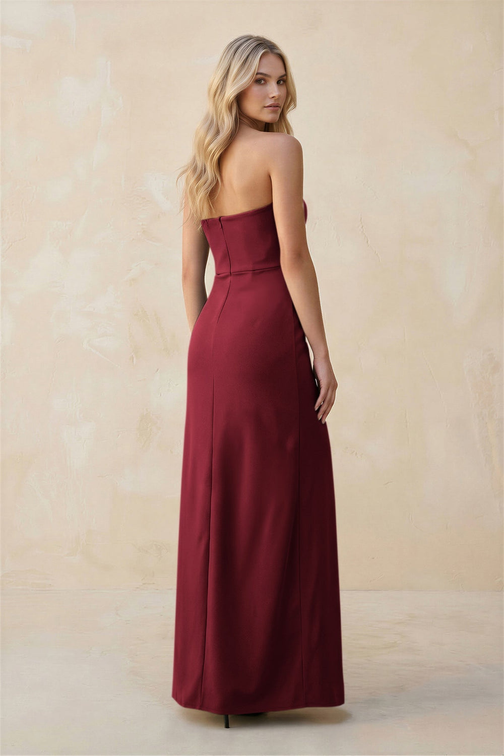 Strapless Sheath Satin Bridesmaid Dress With Slit in Burgundy