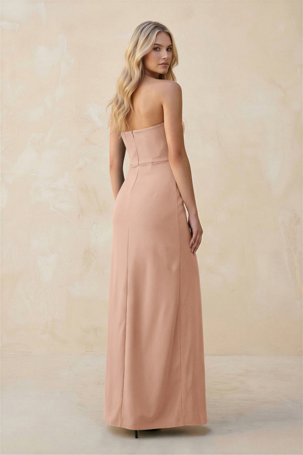 Strapless Sheath Satin Bridesmaid Dress With Slit in Champagne Rose