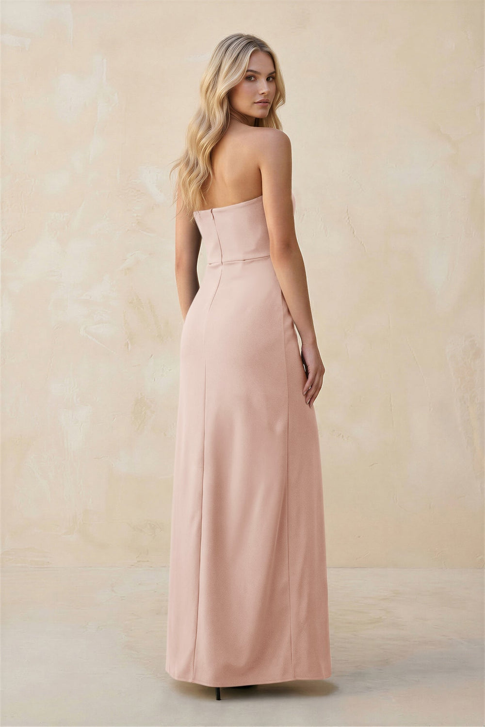 Strapless Sheath Satin Bridesmaid Dress With Slit in Pale Blush