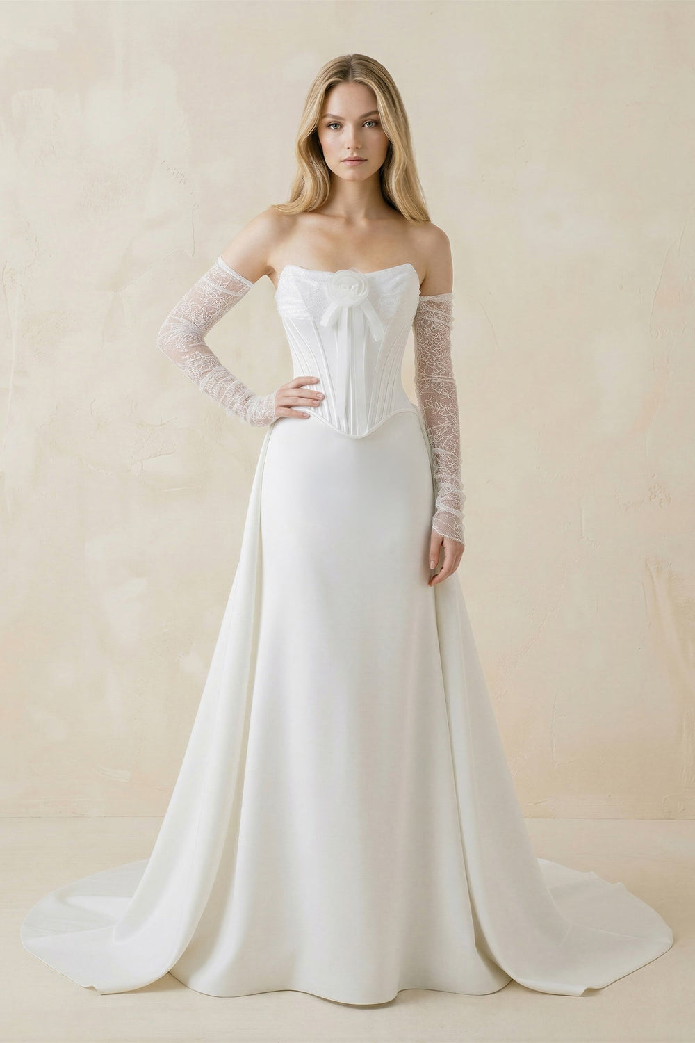 Strapless Sheath Satin Corset Wedding Dress With Detachable Sleeves in White