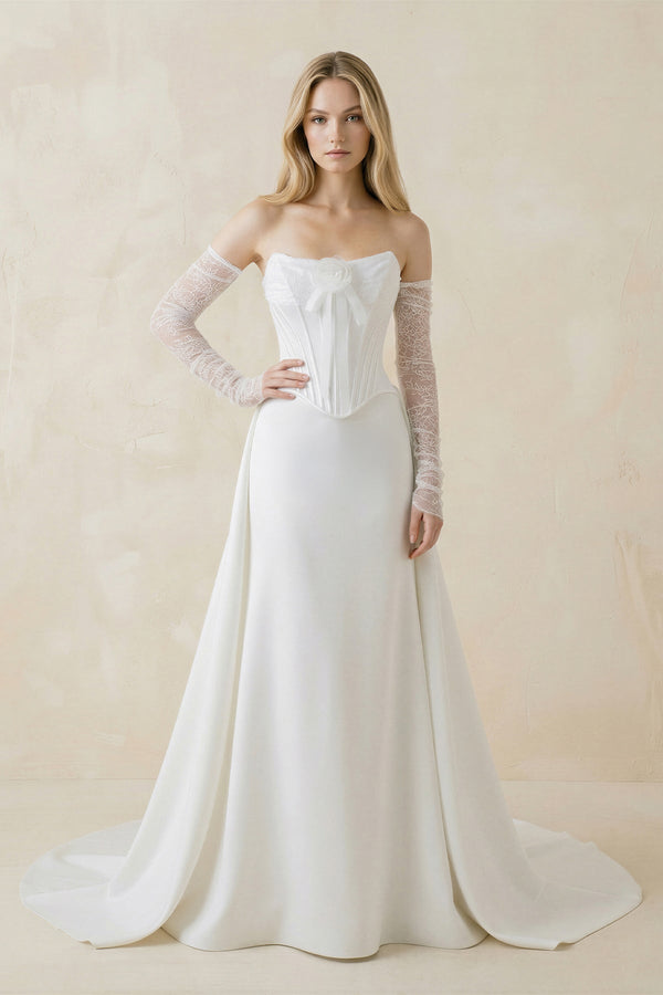 Strapless Sheath Satin Corset Wedding Dress With Detachable Sleeves in White - KISS BRIDAL Wedding Dresses