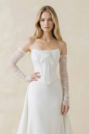Strapless Sheath Satin Corset Wedding Dress With Detachable Sleeves in White - KISS BRIDAL Wedding Dresses