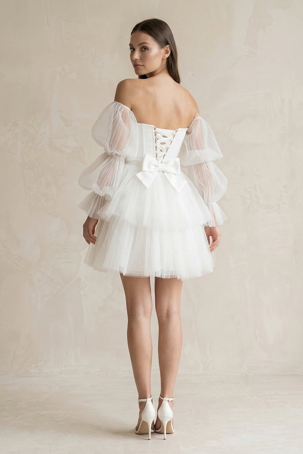 Strapless Tiered A-Line Tulle Mini Wedding Dress With Sleeves in White