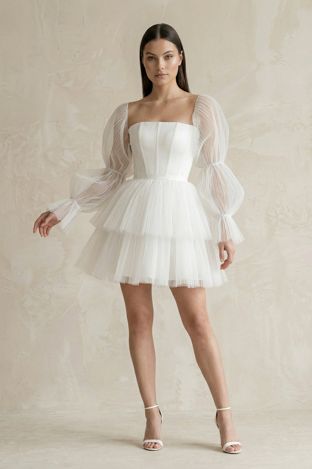 Strapless Tiered A-Line Tulle Mini Wedding Dress With Sleeves in White