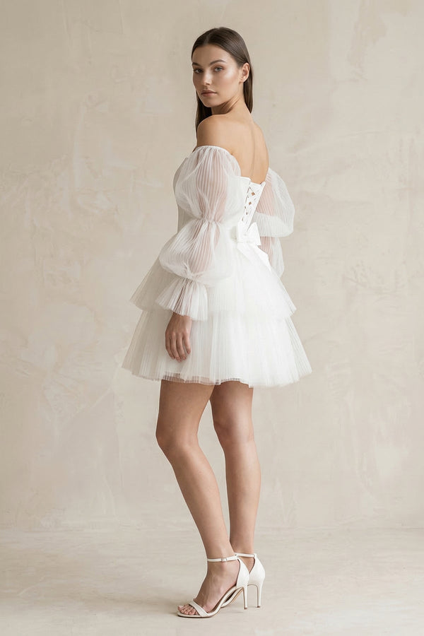 Strapless Tiered A - Line Tulle Mini Wedding Dress With Sleeves in White - KISS BRIDAL Wedding Dresses