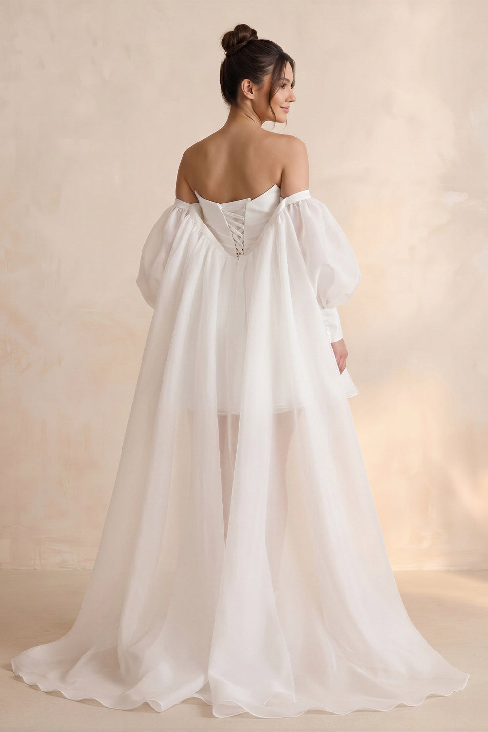 Strapless Tulle A-Line Mini Wedding Dress with Cape in White