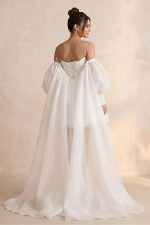 Strapless Tulle A - Line Mini Wedding Dress with Cape in White - KISS BRIDAL Wedding Dresses