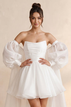 Strapless Tulle A - Line Mini Wedding Dress with Cape in White - KISS BRIDAL Wedding Dresses