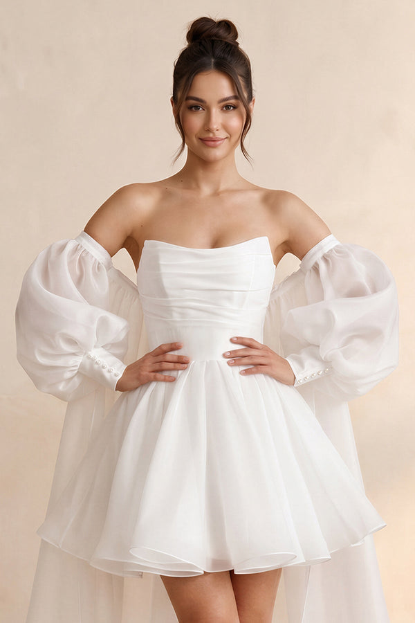 Strapless Tulle A - Line Mini Wedding Dress with Cape in White - KISS BRIDAL Wedding Dresses