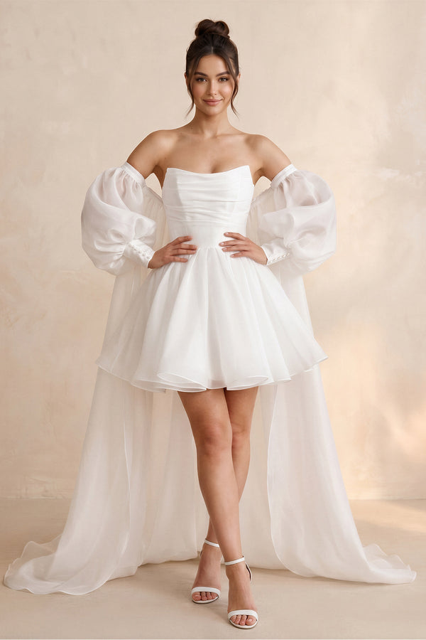 Strapless Tulle A - Line Mini Wedding Dress with Cape in White - KISS BRIDAL Wedding Dresses