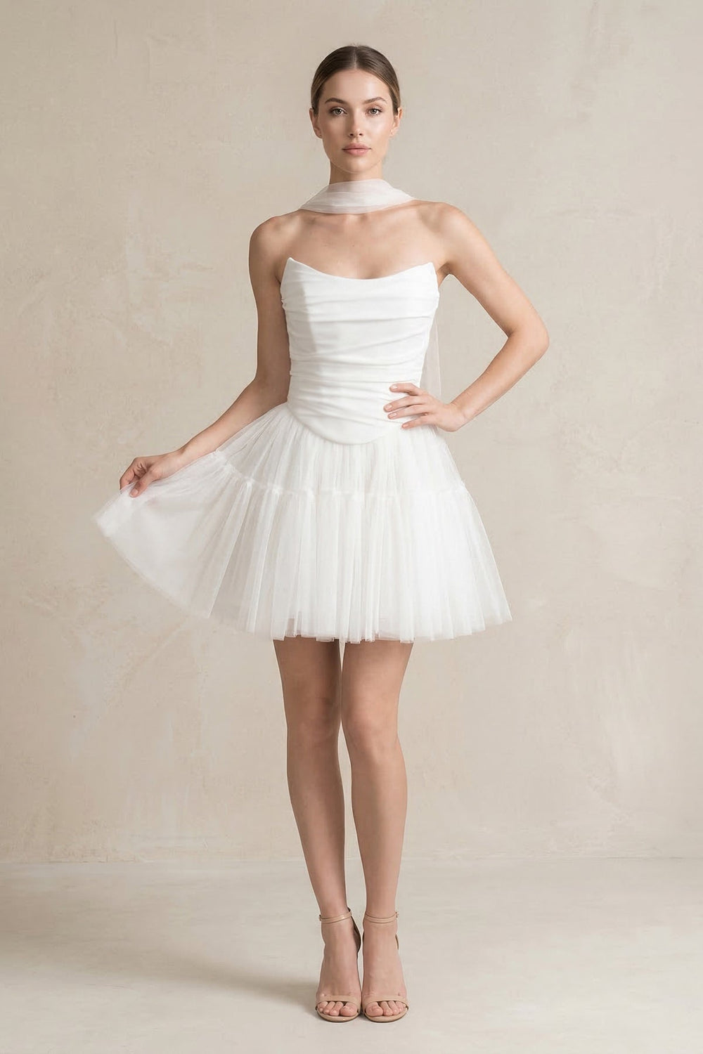 Strapless Tulle A-Line Ruched Mini Wedding Dress in White