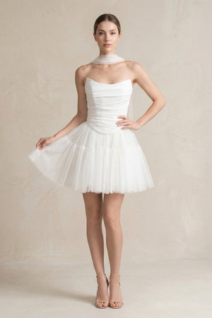 Strapless Tulle A - Line Ruched Mini Wedding Dress in White - KISS BRIDAL Wedding Dresses