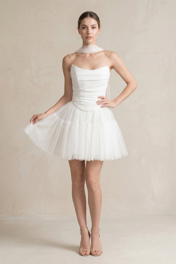 Strapless Tulle A - Line Ruched Mini Wedding Dress in White - KISS BRIDAL Wedding Dresses