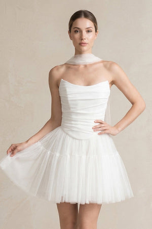 Strapless Tulle A - Line Ruched Mini Wedding Dress in White - KISS BRIDAL Wedding Dresses