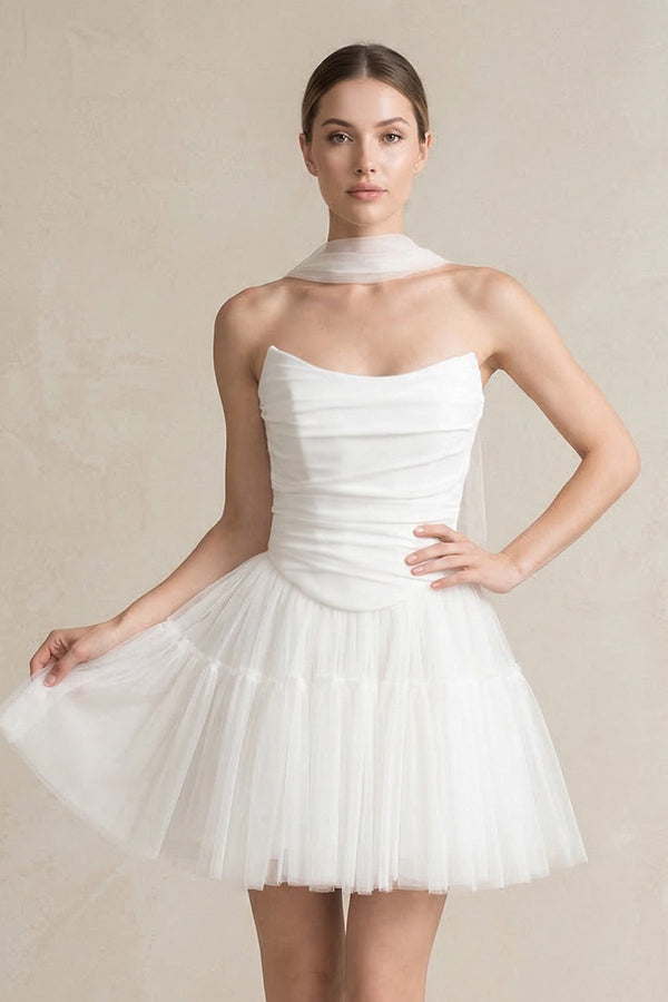 Strapless Tulle A - Line Ruched Mini Wedding Dress in White - KISS BRIDAL Wedding Dresses