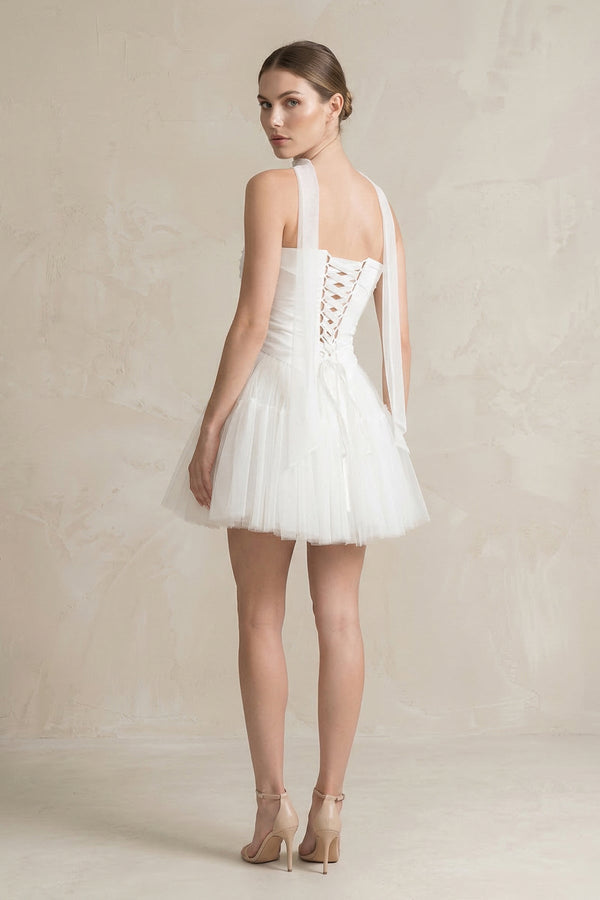 Strapless Tulle A - Line Ruched Mini Wedding Dress in White - KISS BRIDAL Wedding Dresses