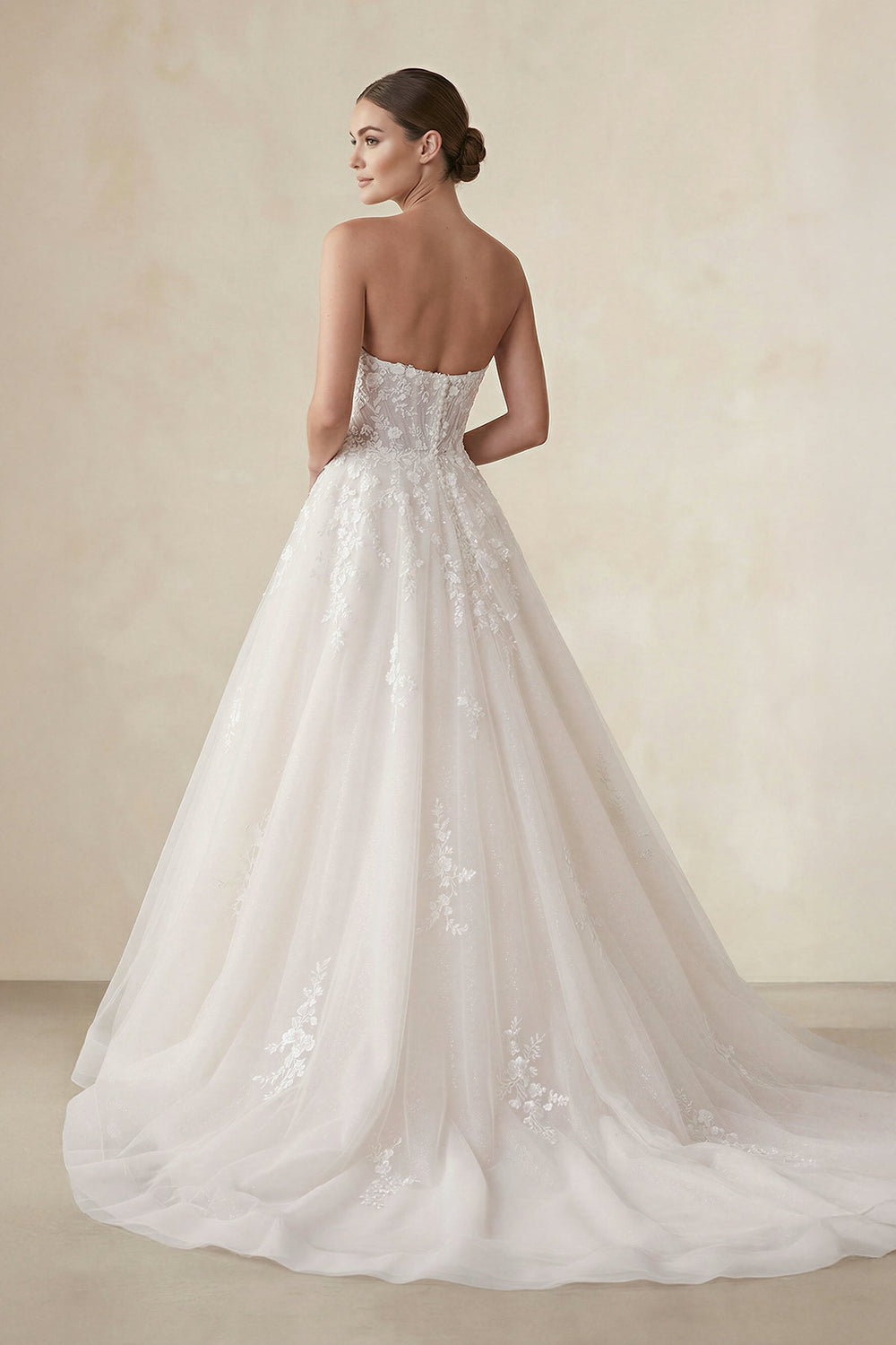 Strapless Tulle Ball-Gown Wedding Dress With Appliques in Ivory