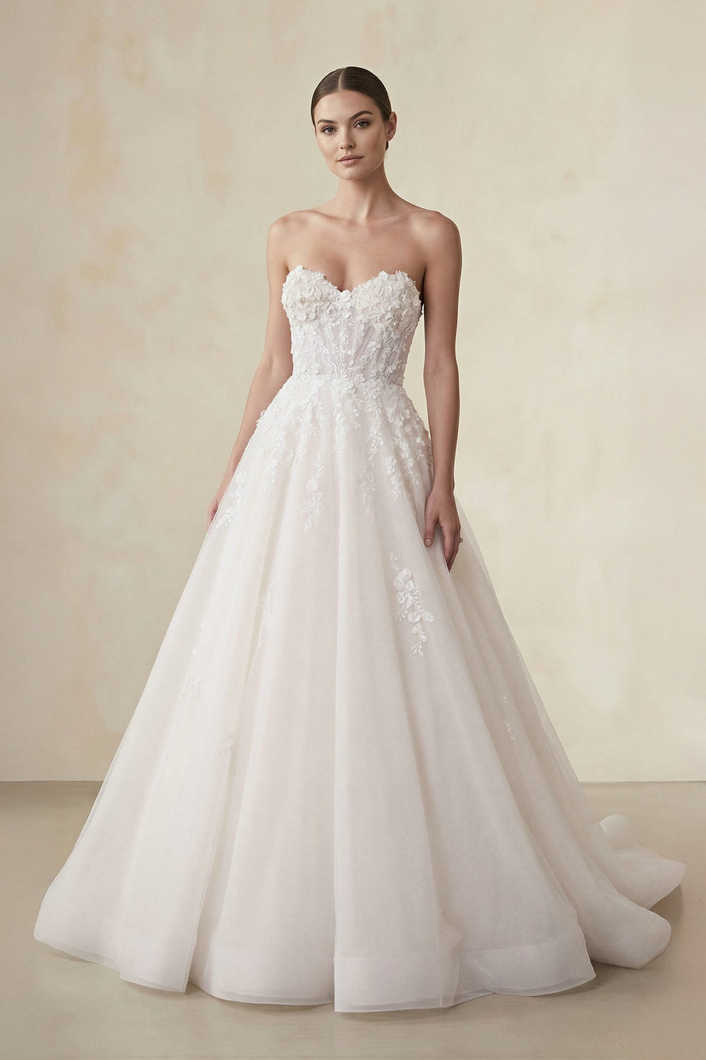 Strapless Tulle Ball-Gown Wedding Dress With Appliques in Ivory