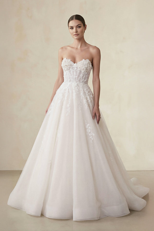 Strapless Tulle A Line Wedding Dress With Appliques in Ivory - KISS BRIDAL Wedding Dresses