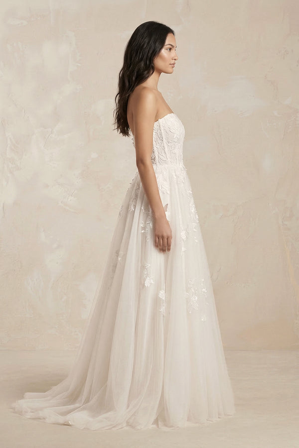 Strapless Tulle Corset A - Line Appliqued Wedding Dress in Ivory - KISS BRIDAL Wedding Dresses
