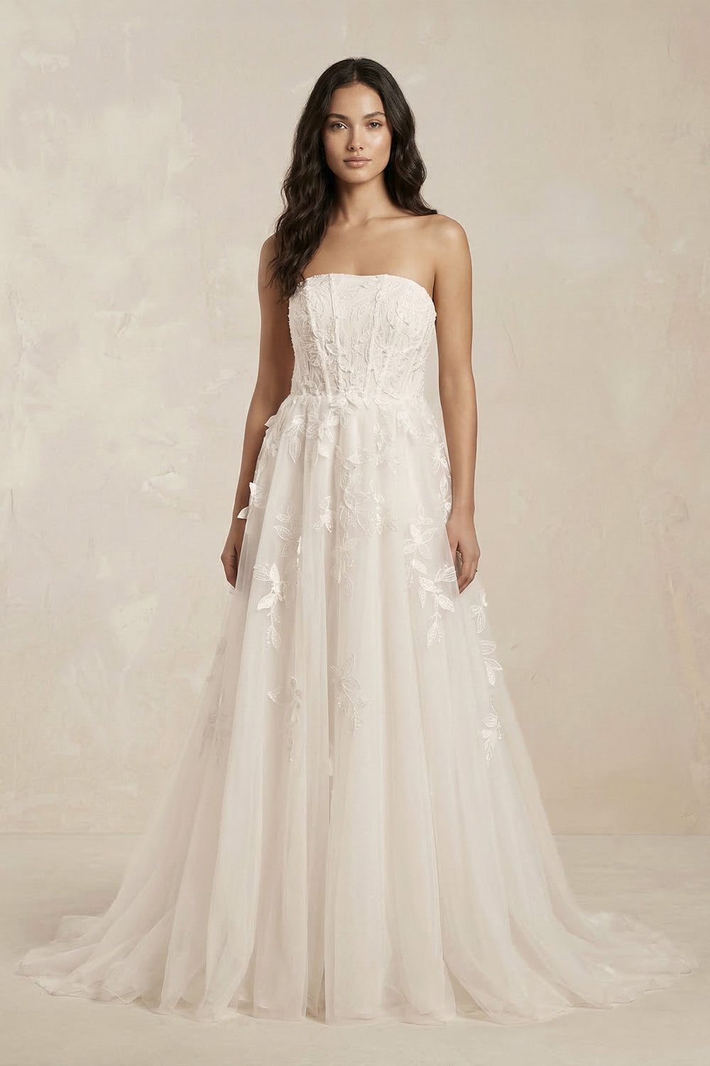 Strapless Tulle Corset A-Line Appliqued Wedding Dress in Ivory