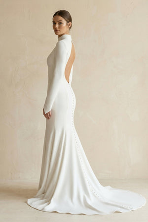 Stretch Satin High - Neck Mermaid Wedding Dress in White - KISS BRIDAL Wedding Dresses